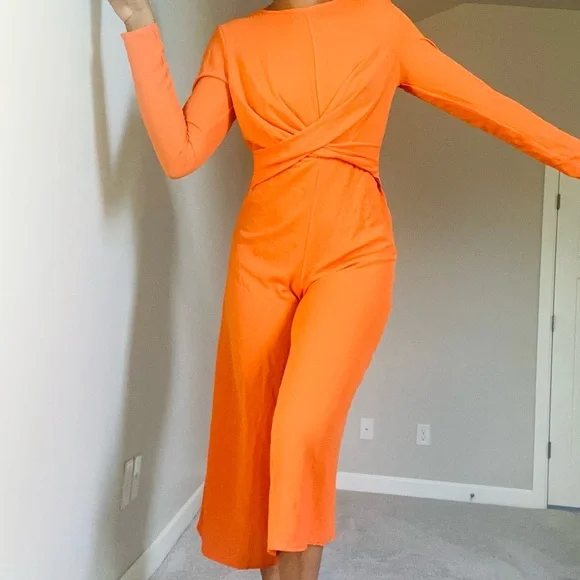 Orange long-sleeve Wrap Front Jumpsuit - Picture 9 of 11